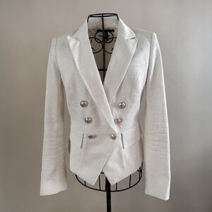WHBM White Textured Double Breasted Blazer Silver Military Buttons Size 00
